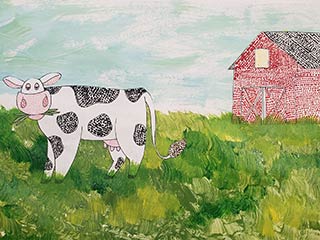 children's art of cow and barn using pointillism