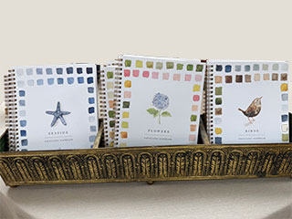 photo of three books of watercolor prompts for people to learn to learn to do watercolor at home