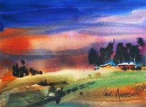 watercolor of field and farm house by Craig Anderson