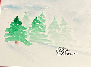 Christmas card made by Lyn Bernatovich showing green pine trees