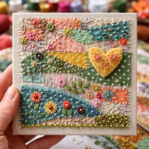 a 6x6-inch finished embroidery artwork with beads, raised stitching, and lots of color