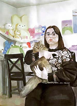 a watercolor of a woman with brown hair holding a cat