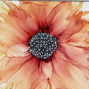 a square artwork comprised of a single flower with a dark center and orange and gold pastel colored petals