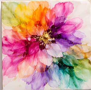 a square artwork comprised of flower images with flowing colors, such as gold, pink purple and turquoise