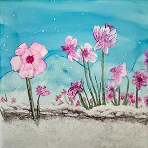 a painted tile showing pink flowers, emerging from white snow, against a turquoise background