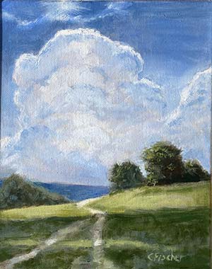 painting of sky, water and a field using only four colors