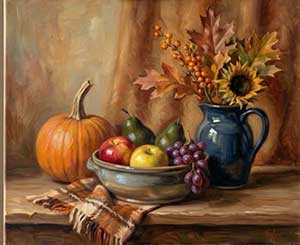 a still life oil painting of a pumpkin,fruit, and a vase holding a flower and leaves, done by the instructor