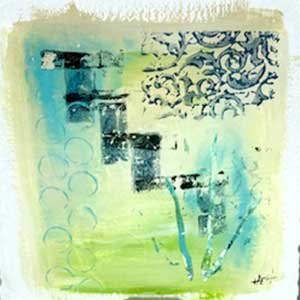 a glass panel with a lime green and turquoise background and black and multicolored designs