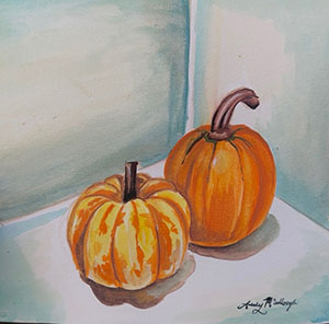 a watercolor painting of two pumpkins