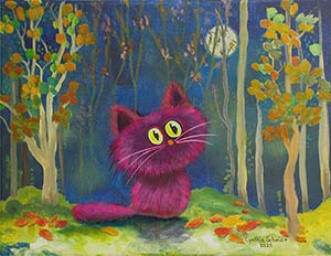 example of the painting students will do, featuring a purple cat in a dark forest