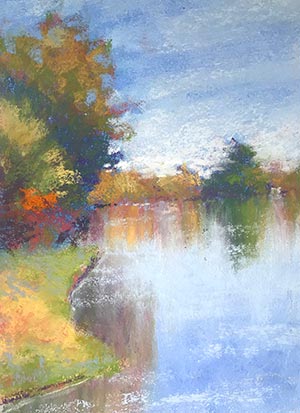 pastel painting of a river lined with trees