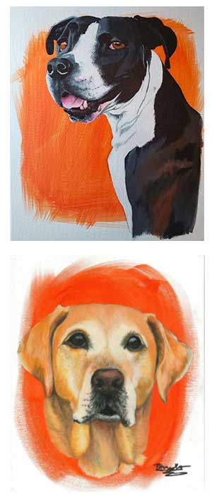 two acrylic paintings, each painting is of a dog