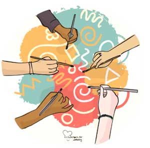 an illustration of many hands painting collaboratively