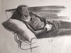 a drawing of a woman reclining
