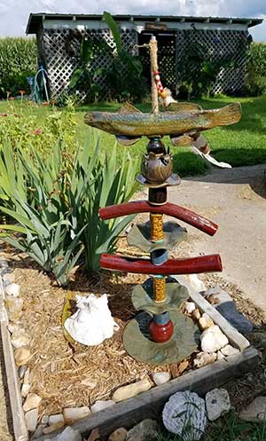 a photo of a garden totem made by Marybeth Sorendo