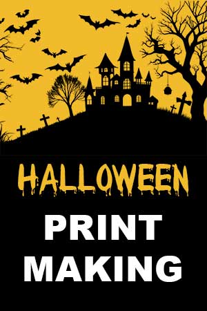 an imaage showing a spooky halloween scene with the words Halloween Print Making at the bottom