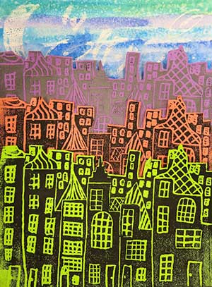 an example of print making showing buildings in a city