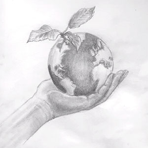 drawing of a hand holding the earth