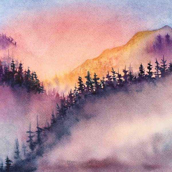 watercolor painting of fog in mountaiins