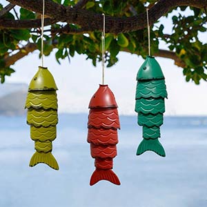 three wind chimes made with hand-built clay pots