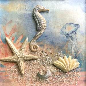 reisin artwork of seahorse and shells