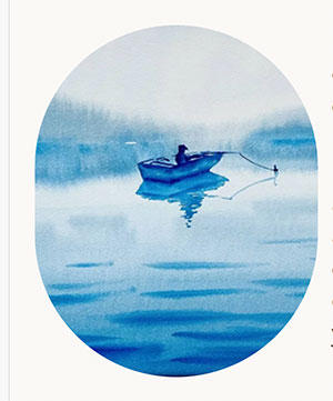 an image showing a blue boat in blue water with a blue and white sky
