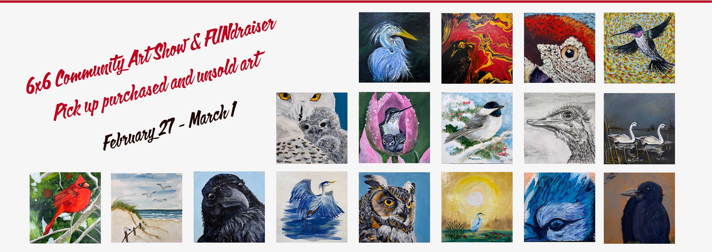 banner showing many pieces of art from 2025 6x6 Community Art Show and Fundraiser