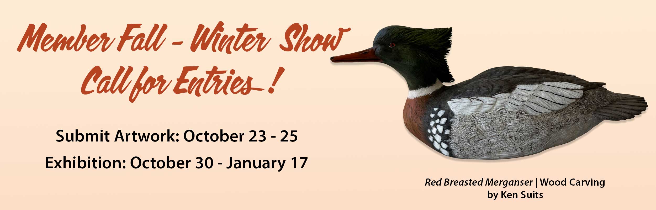 banner for the Arts Center Fall-Winter Show 2025 - 2026 featuring a red breasted merganser carved from wood