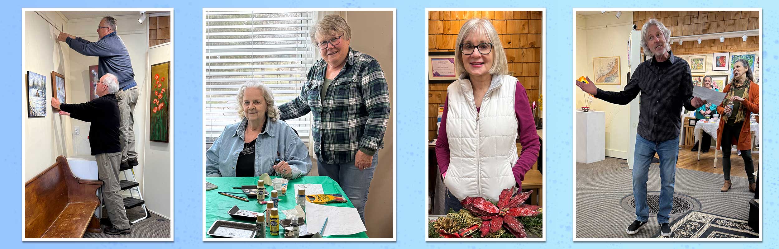 four photos showing volunteers working at the fine arts center