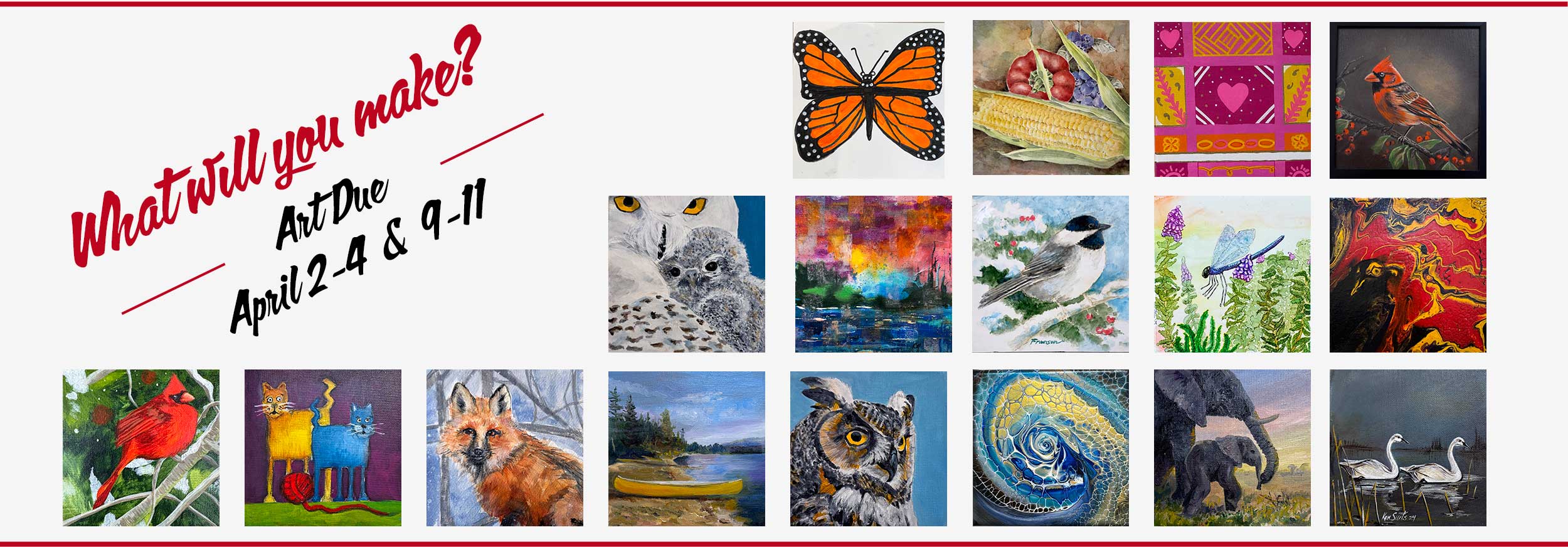 banner showing many pieces of 6x6 art from 2025 6x6 Community Art Show and Fundraiser