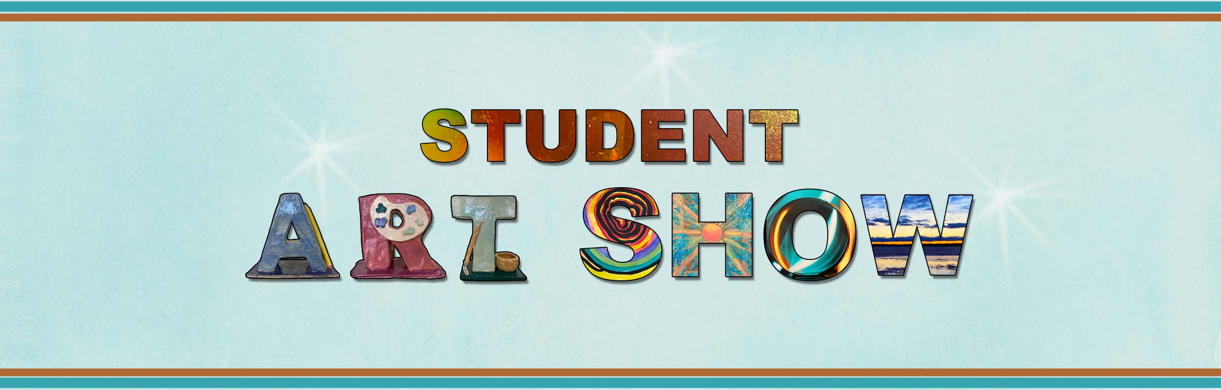 website banner showing the letters Student Art Show made from student artworks