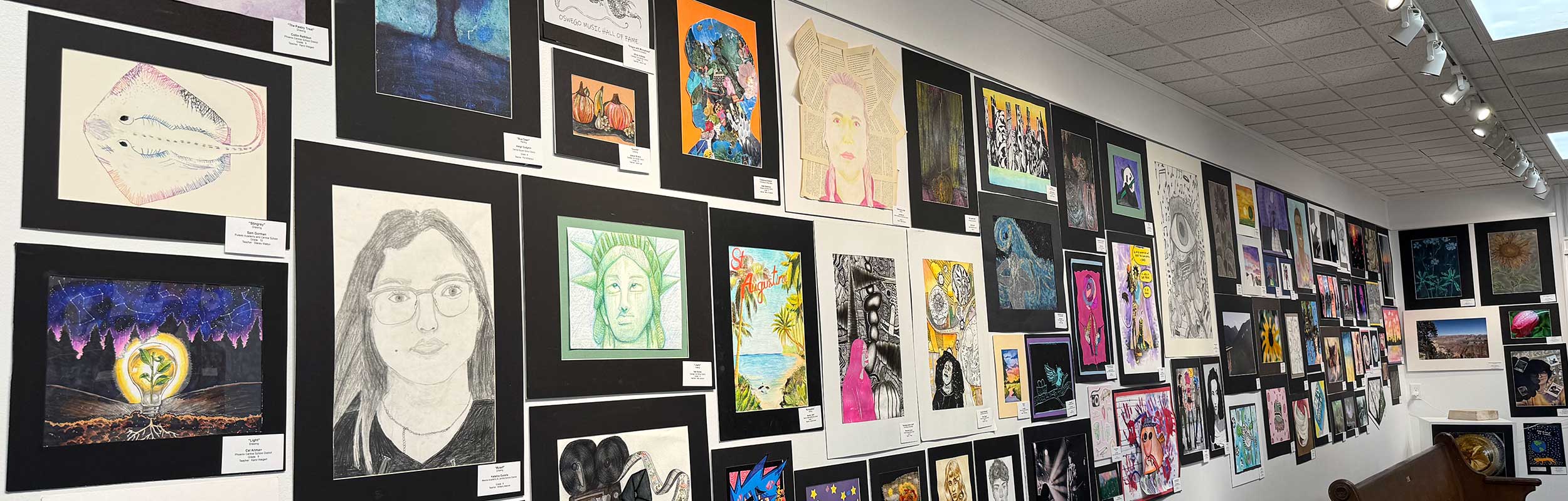 a photo of the Oswego County Student Art Show showing nearly one hundred artworks created by students