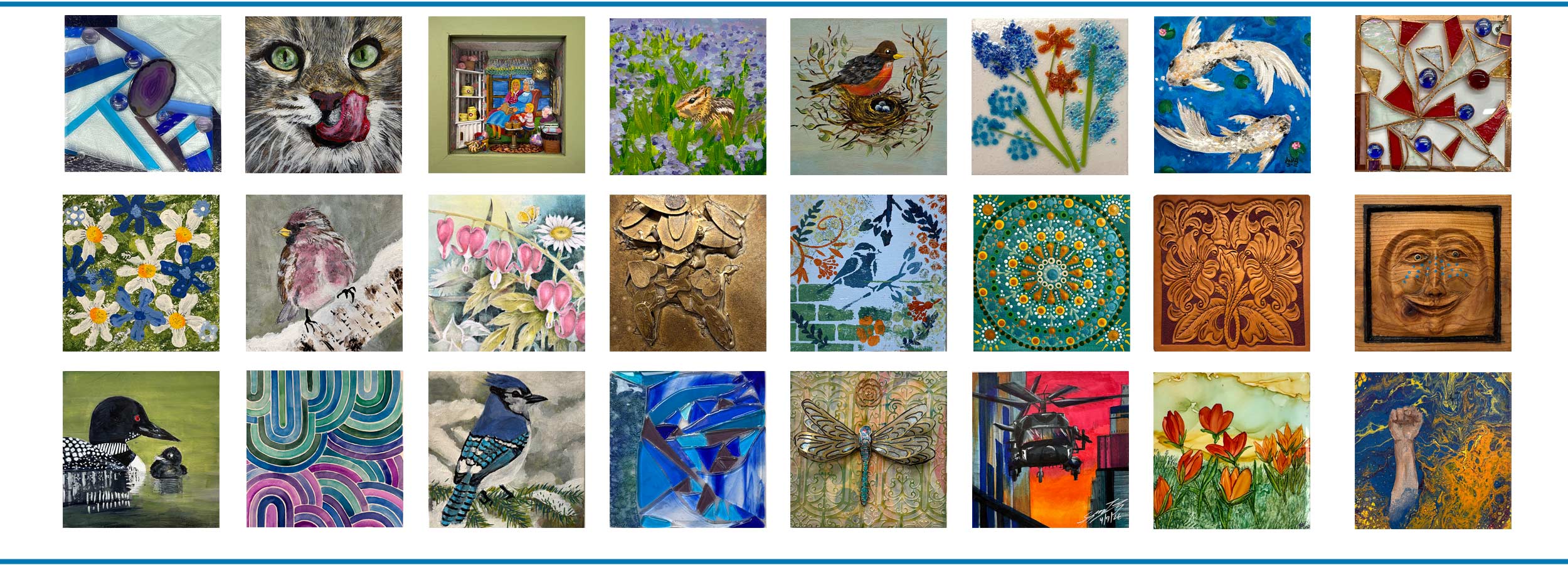banner showing many pieces of 6x6 art from 2026 6x6 Community Art Show and Fundraiser