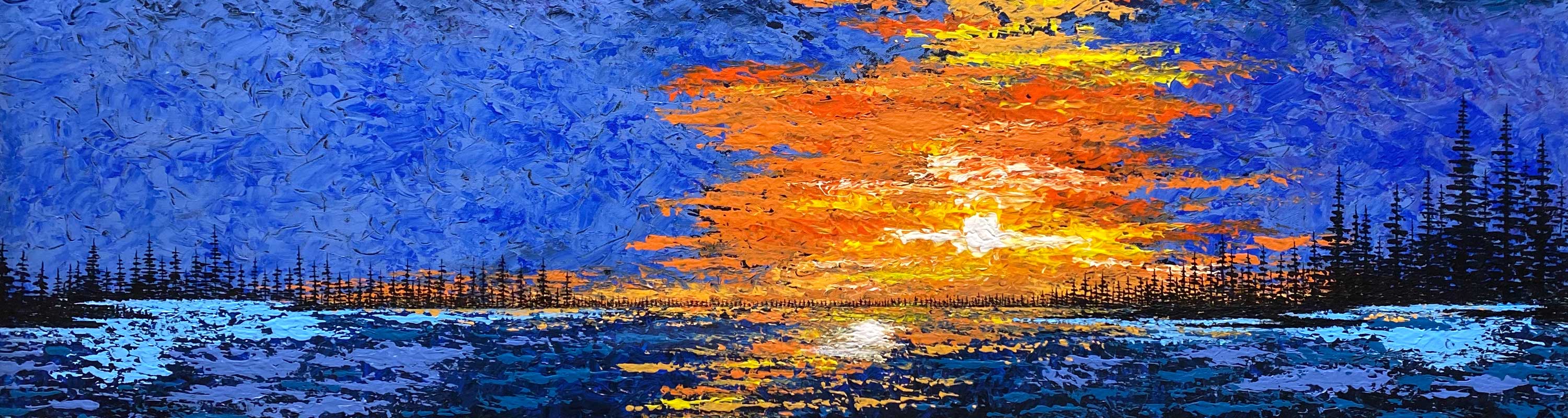 acrylic painting of sunset in vivid blues and oranges