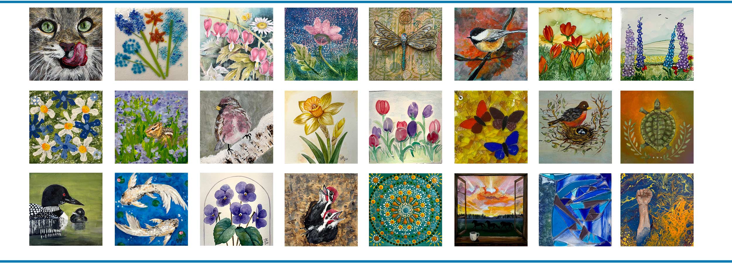 banner showing many pieces of 6x6 art from 2026 6x6 Community Art Show and Fundraiser