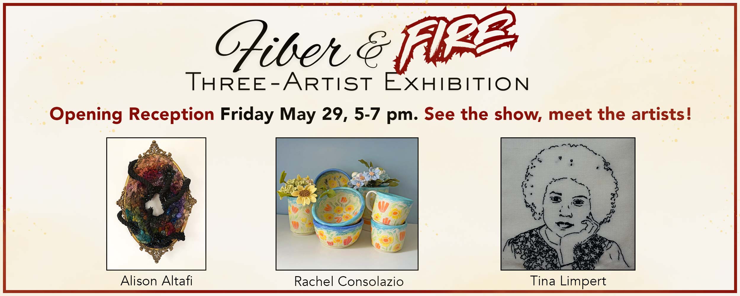 website banner announcing the name of our new show, Fiber and Fire, and inviting readers to the opening reception