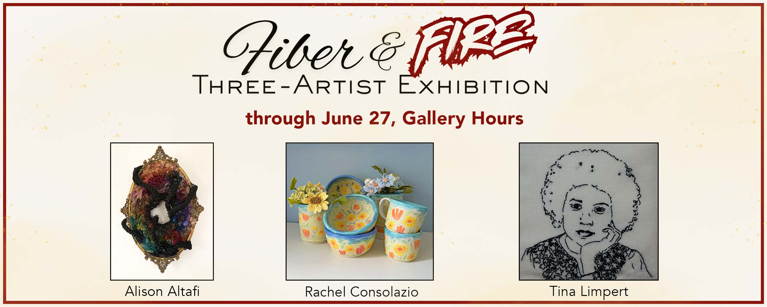 website banner announcing the name of our new show, Fiber and Fire, and inviting readers to the opening reception