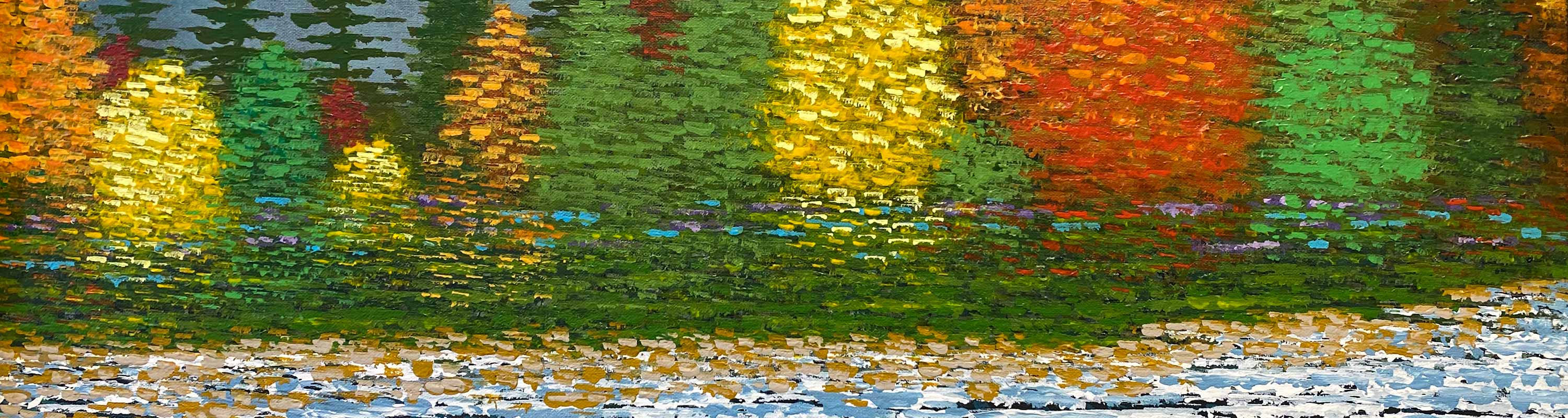 painting of trees in fall colors by water's edge