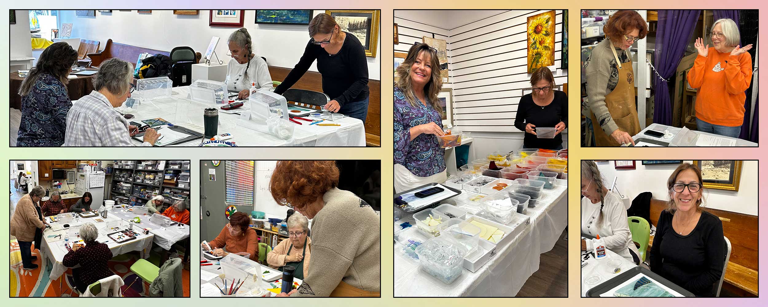 photos from a recent arts center class in glass mosaic