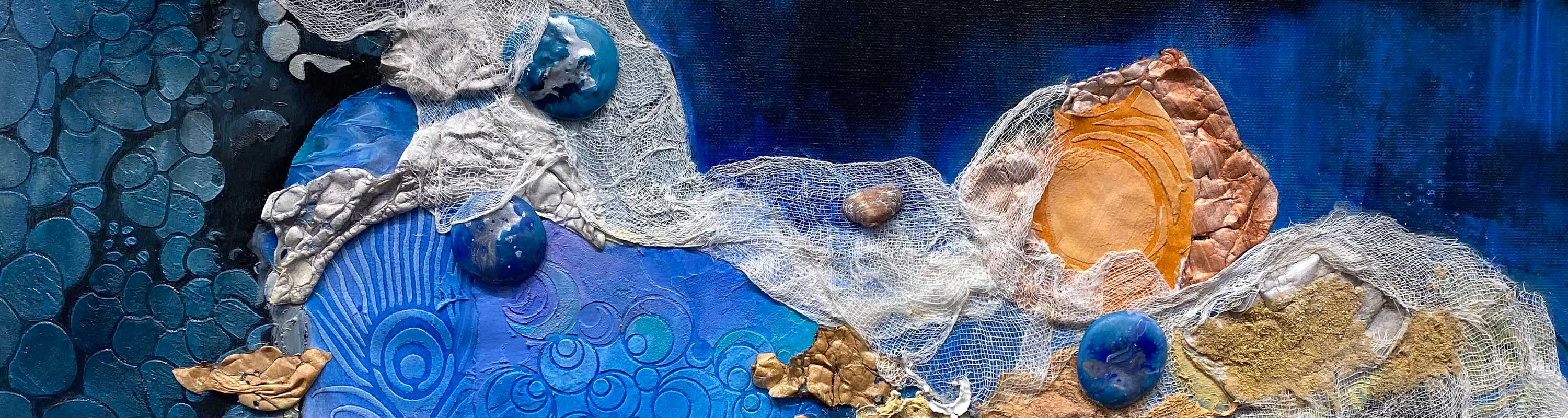 mixed media artwork depicting under water elements, a net, and shells