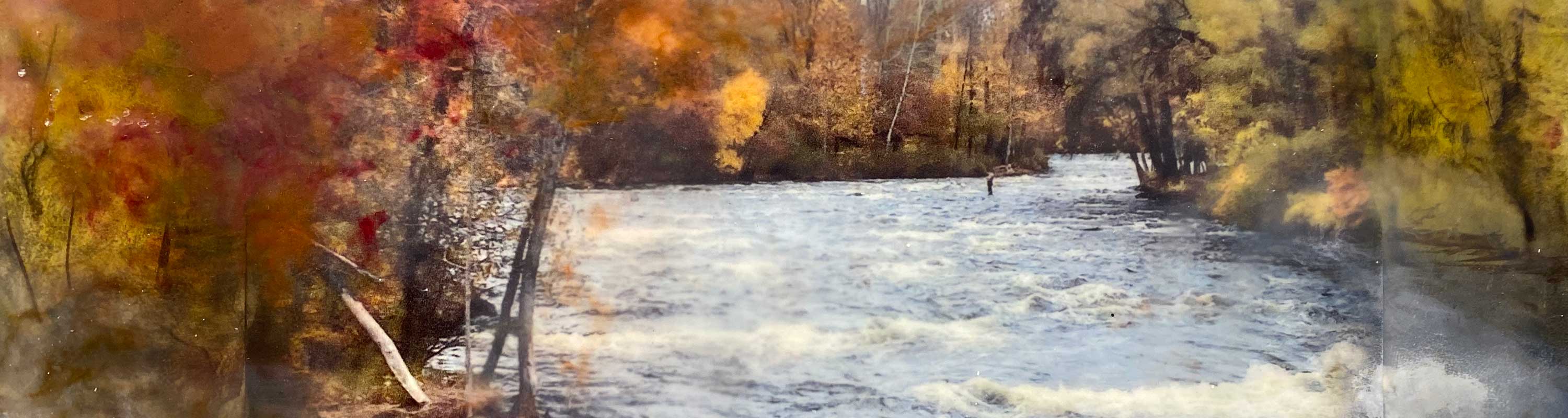 photo encaustic painting of Salmon River during the fall run of salmon