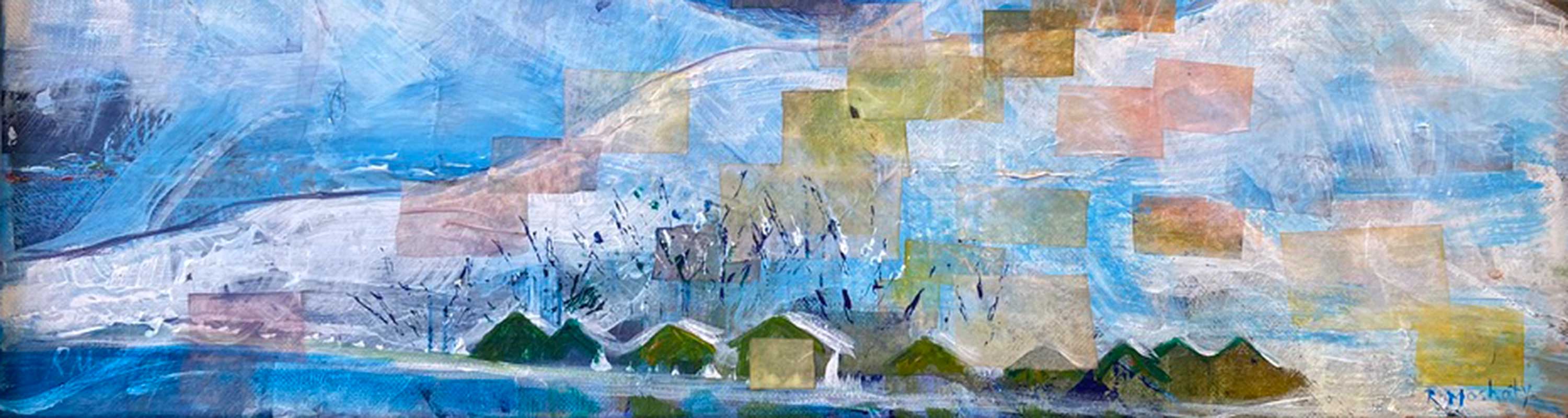 mixed media artwork depicting a winter scene with mountains in background
