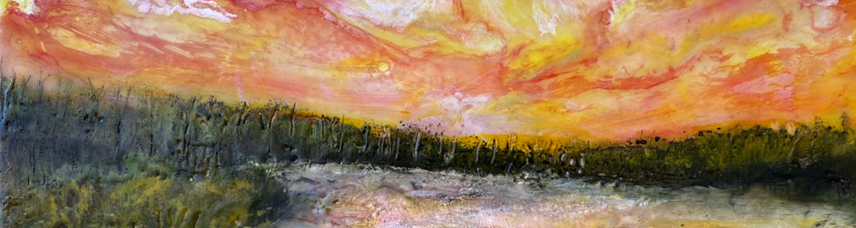 encaustic painting of Salmon River estuary at sunset
