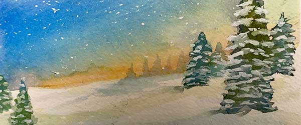watercolor of winter snow scene with pine trees