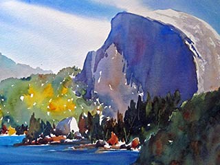 watercolor of water, cliff and sky