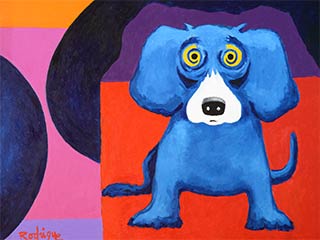 painting of blue dog on background of differently colored shapes