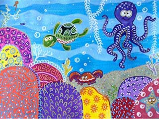 children's painting of underwater sea life including coral and sea animals