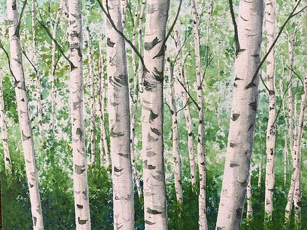 watercolor of birch trees in summer