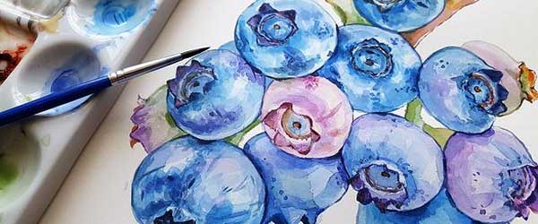 paintbrush, watercolors, and painting of blueberries