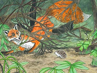 painting of fox and hedgehog in forest